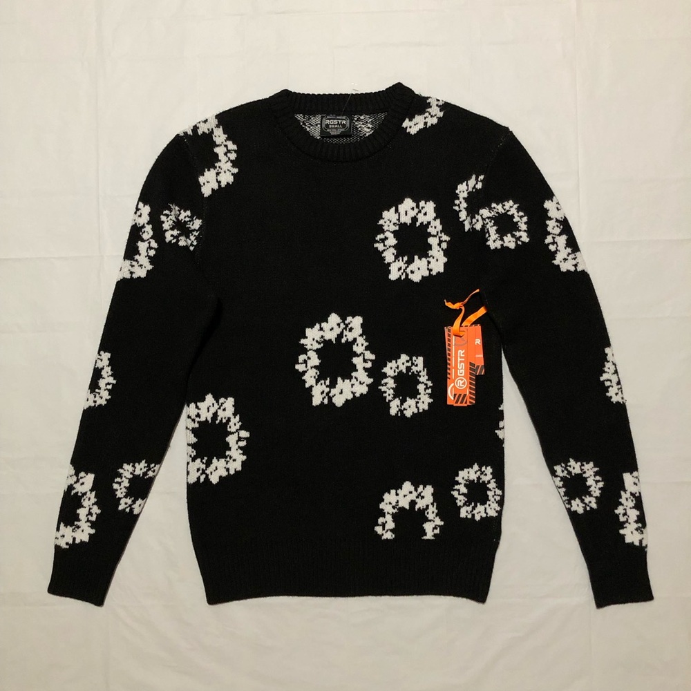 NWT RGSTR Men’s Long Sleeve 100% Polyester Allover Print Knit Black Sweater S